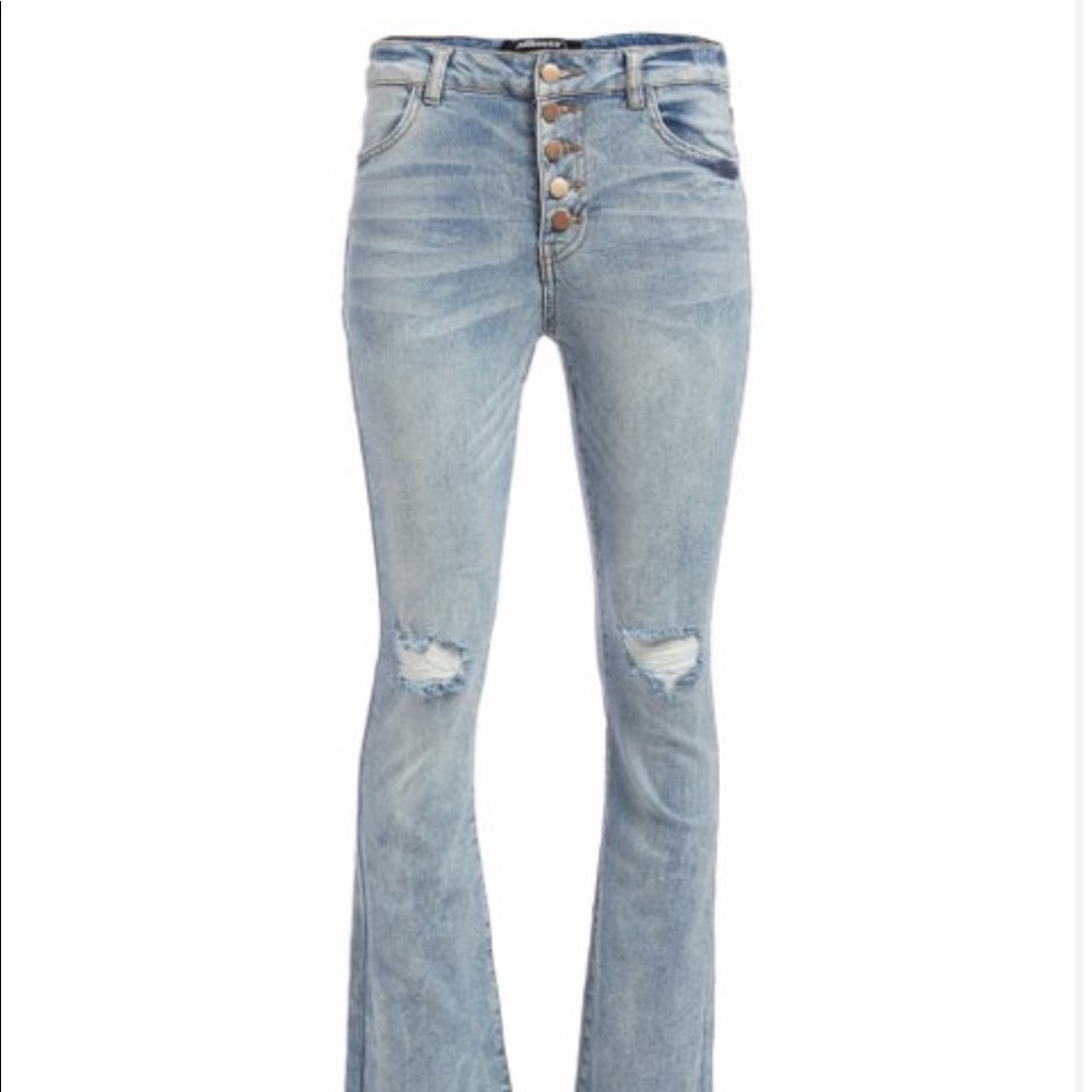 Light Blue Distressed Button-Fly Flare Jeans